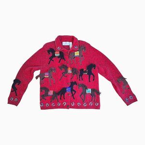 Design Options Vintage Horse Sweater Cardigan Red Equestrian Embellished Size M